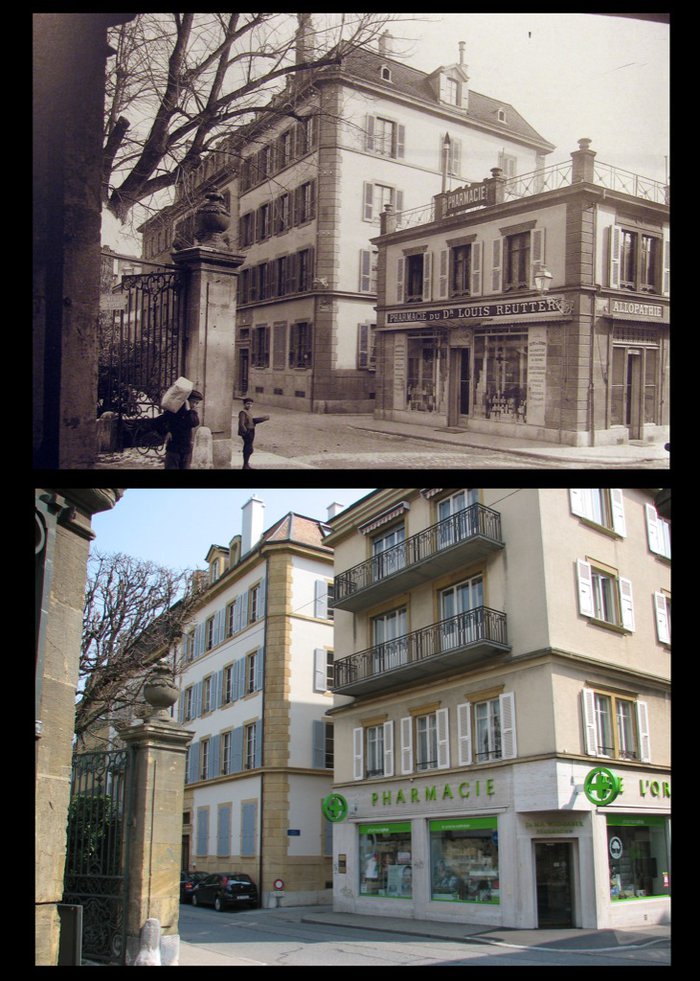 pharmacie de l'orangerie neuchâtel vers 1920 et en 2009