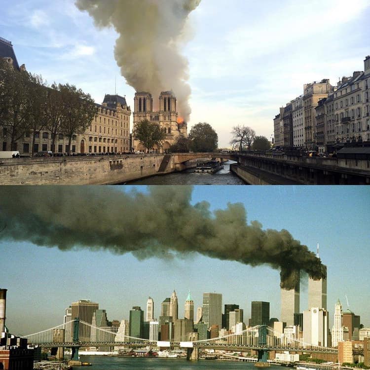 les deux tours WTC cathédrale Notre Dame de Paris en flamme.. incendie H
